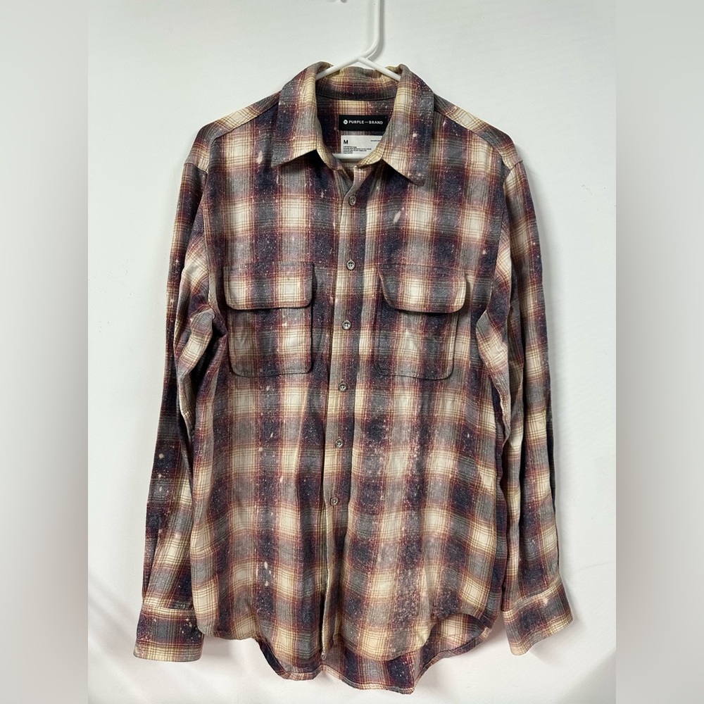 Purple Brand Mens M Plaid Flannel Cream Purple Cotton Shirt Button Up Splatter